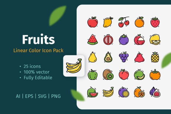 Fruits Linear Color Icon Pack - Clean Graphics for Digital Creations