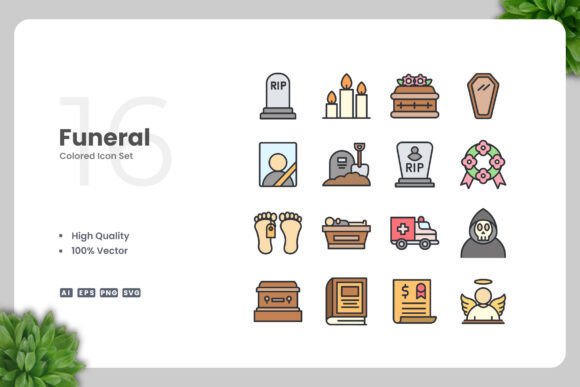 Funeral Colored Icons for Commercial Design Projects