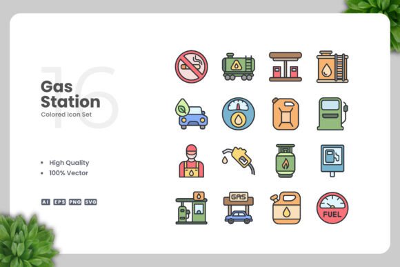 Gas Station Colored Icons for Local Business Graphics