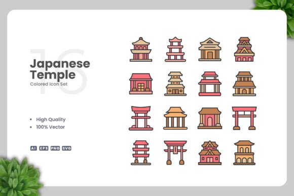 Japanese Temple Colored Icons for Handmade Creations