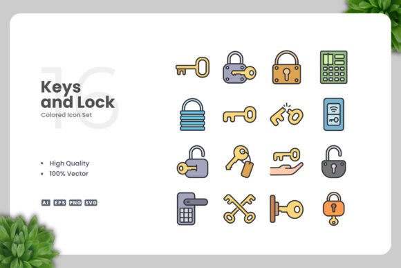 Keys and Lock Colored Icons for Handmade Projects