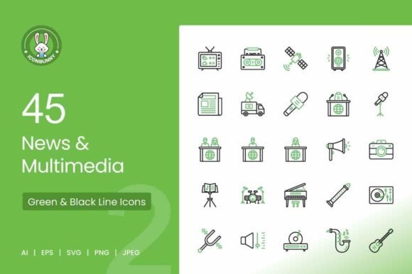 News Multimedia Green Black Icons Graphics