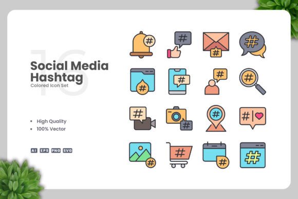 Social Media Hashtag Colored Icons for Branding and Design