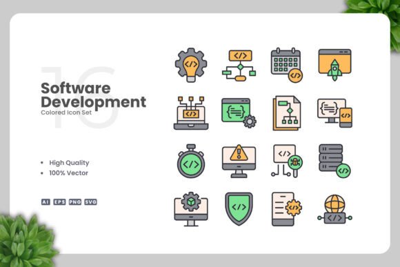 Software Development Colored Icons for Modern Graphic Design