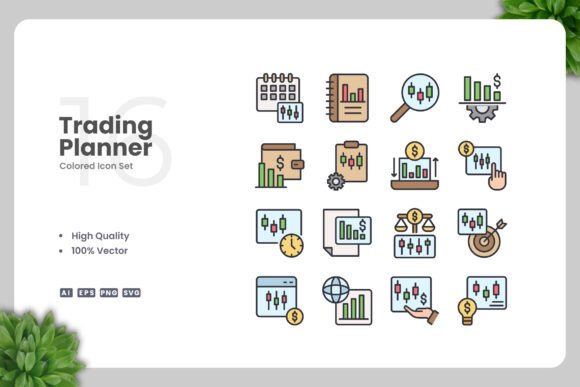 Trading Planner Colored Icons – A Versatile Graphic Design Asset for Sellers