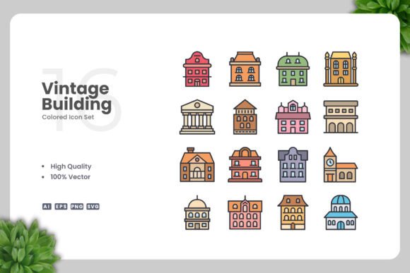 Vintage Building Colored Icons for Local Business Graphics