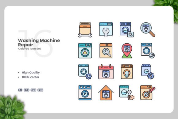Washing Machine Repair Colored Icons for Handmade Projects