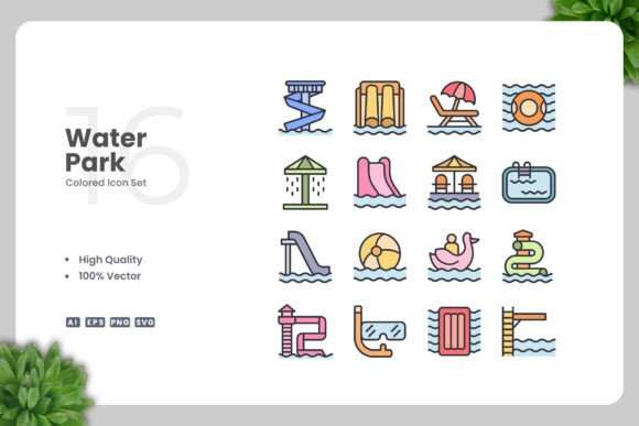 Water Park Colored Icons for Local Business Branding