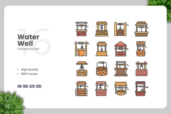 Water Well Colored Icons for Handmade Projects