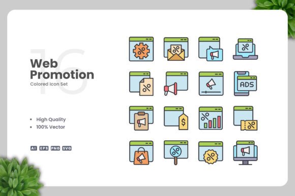 Web Promotion Colored Icons for Graphics and Digital Selling